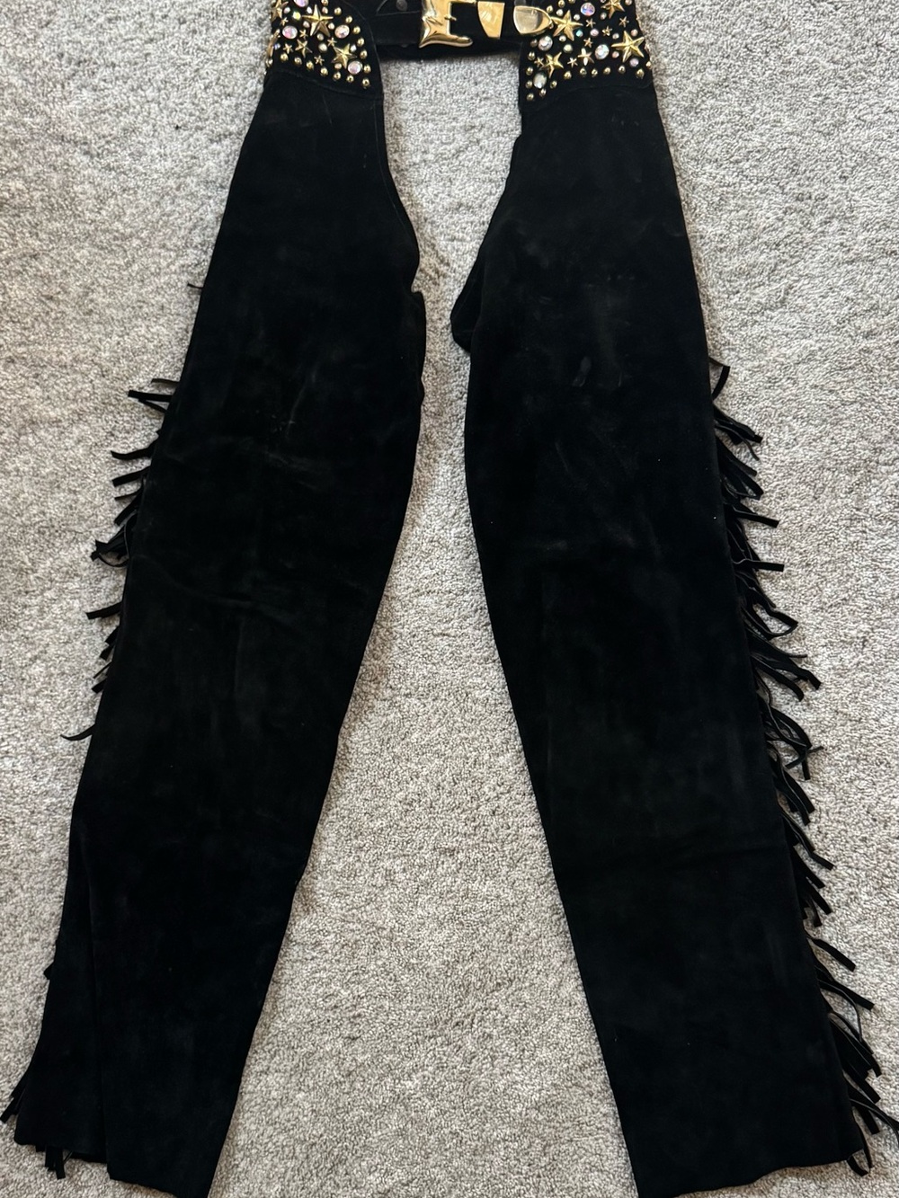 K. Baumann Embellished Vintage Black Suede Fringe Chaps.  Gold bling. Petite